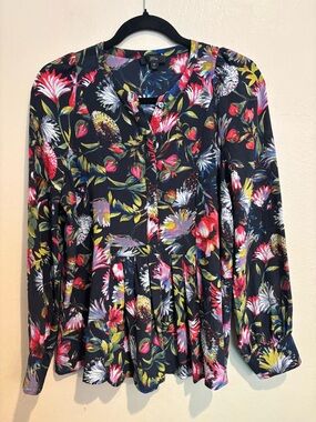 Vintage J. Crew 100% Silk Navy and Floral Pleated Blouse, Partial Button Up